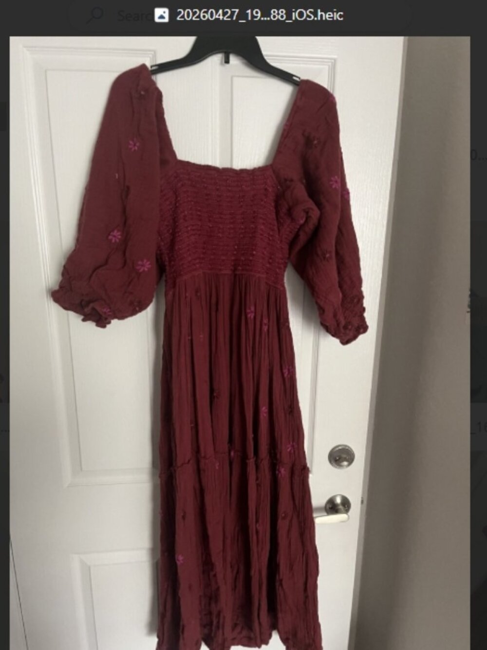Free People Dahlia Embroidered Maroon Dress Gauzy Smocked Puff Sleeves sz lg - Picture 5 of 6